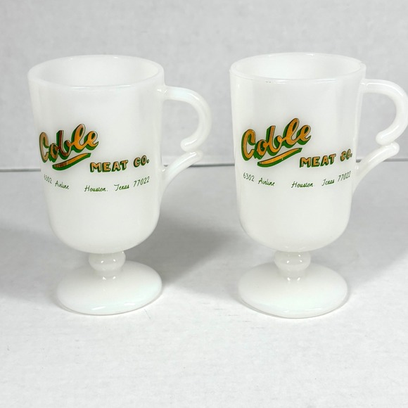 2 VTG MCM Milk Glass Footed Coffee Mugs SET Floral Band Pedestal Cobble Meat TX - Picture 2 of 10